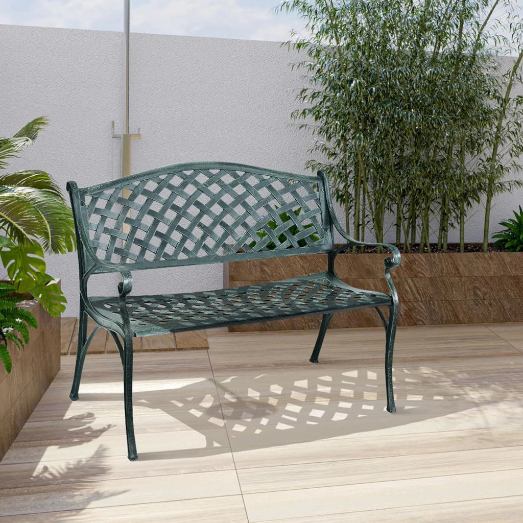 Panchina da Esterno, Panca di Metallo con Schienale Squisito, Braccioli Ergonomici e Sedile Ampio, Panchina da Giardino, Balcone e Cortile, 103 x 55 x 82 cm