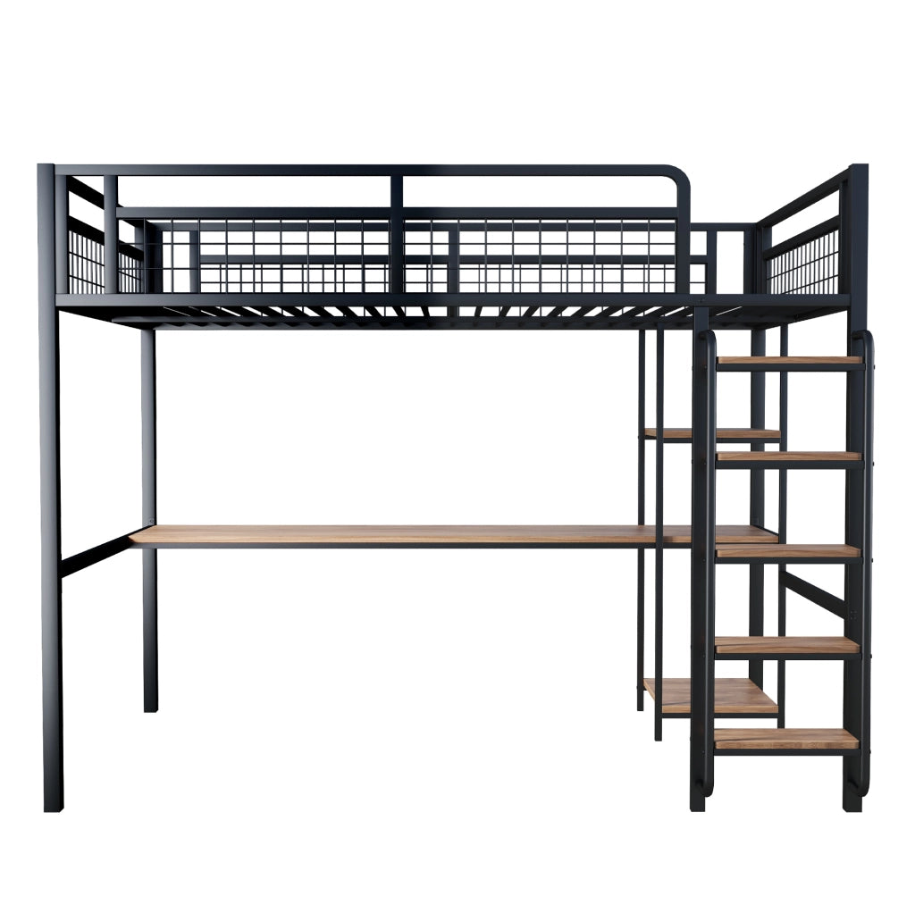 Letto a soppalco 140x200 cm con scrivania e ripiani in metallo nero