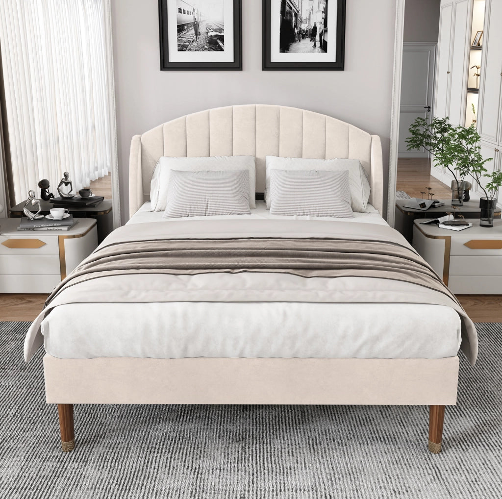 Letto imbottito 140x190 in velluto beige con rete a doghe e testiera