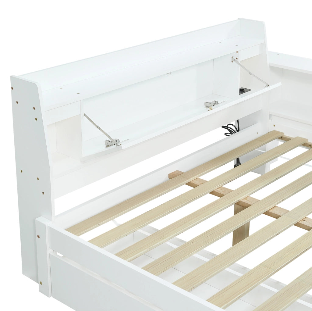 Letto matrimoniale 140x200 cm con contenitore; 2 luci e presa di ricarica bianco