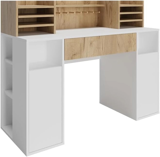 Scrivania con ripiani, Bianco/Sonoma, 126.8 x 50 cm XL con ripiani, adatto come postazione di lavoro con passacavi e superficie d’appoggio