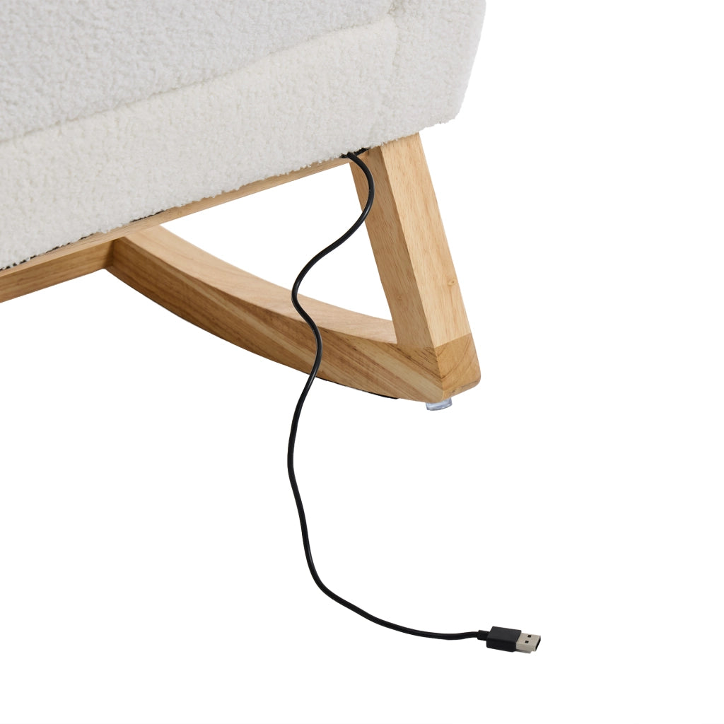 Sedia a dondolo in boucl¨¦ bianco con braccioli, tasche laterali, poggiapiedi estraibile e porte USB/USB-C, 66,5 x 121,5 x 102 cm