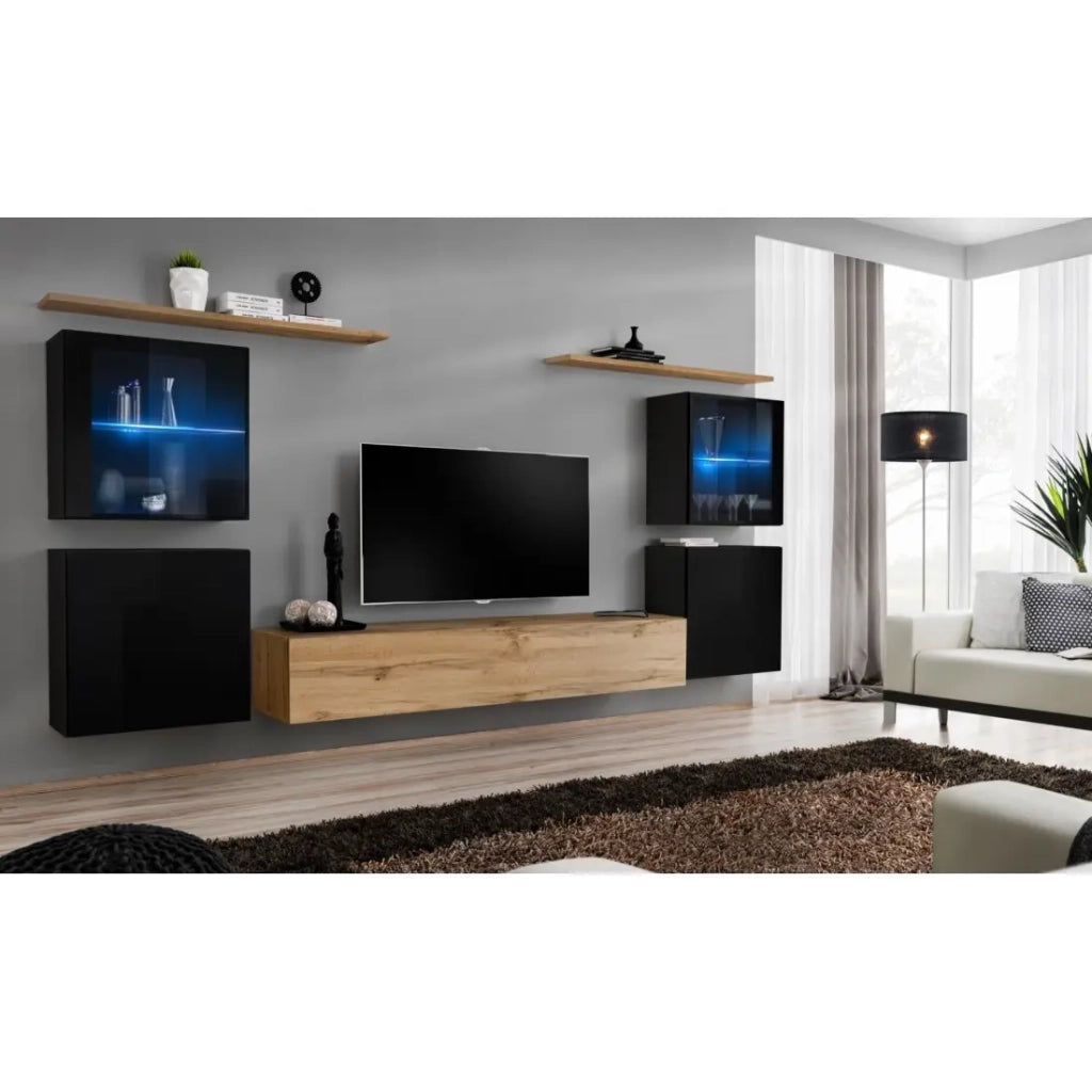 Mobile da soggiorno a parete SWITCH XIV design, colore rovere Wotan e nero lucido.