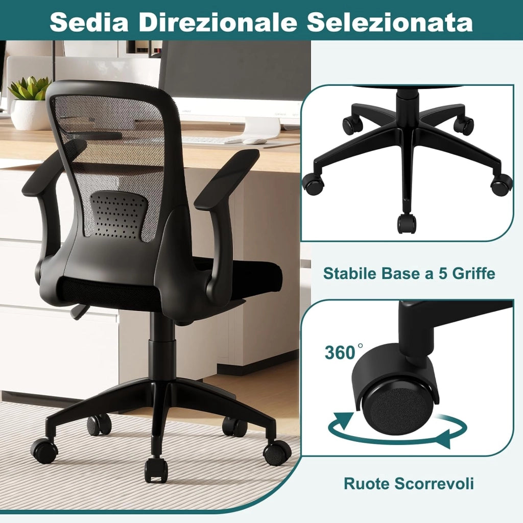 Sedia da Ufficio Ergonomica in Rete, Regolabile in Altezza e Schienale Regolabile, Braccioli Ribaltabili e Supporto Lombare, Sedia Girevole per Scrivania, per Ufficio, Portata 150 kg