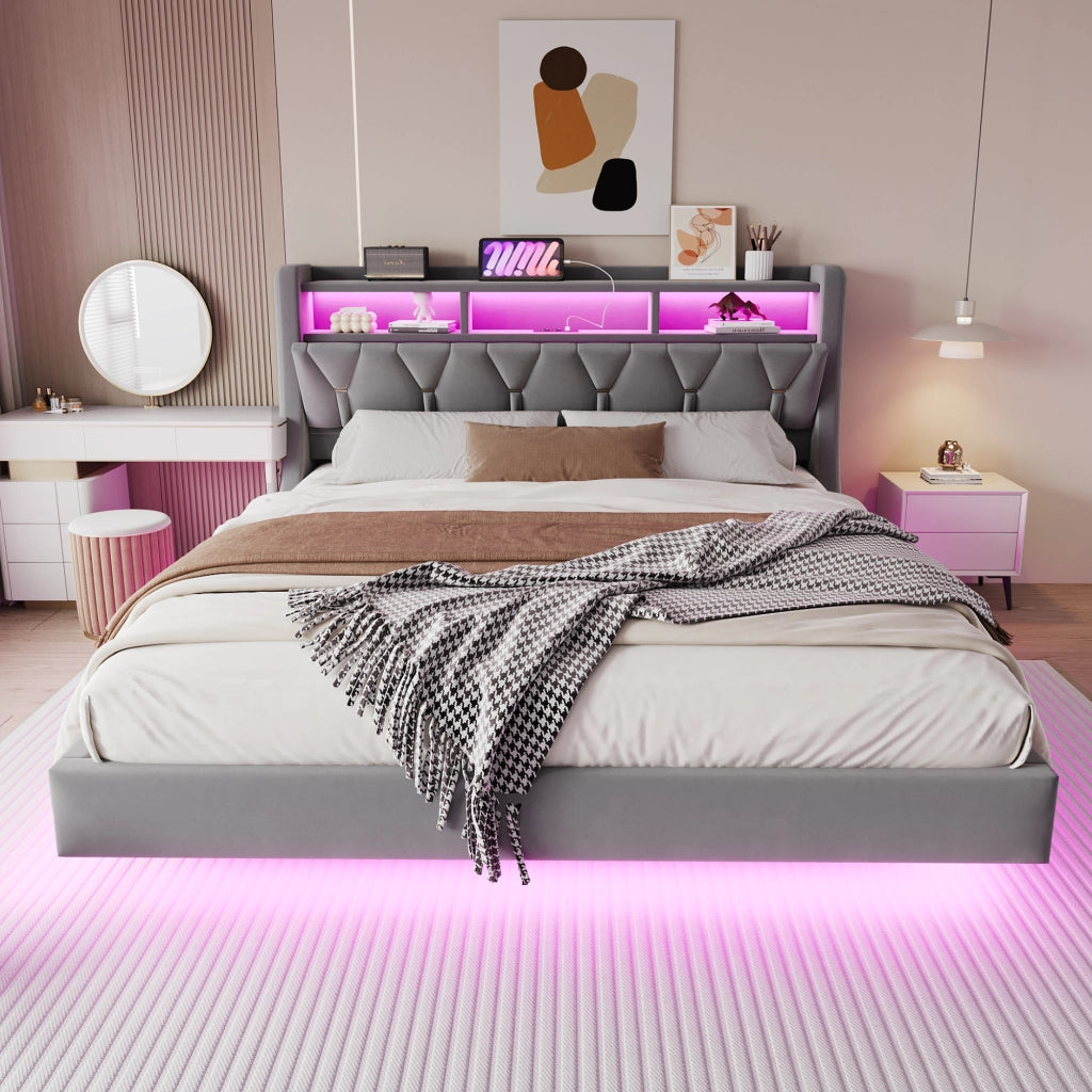 DESMIU Letto imbottito 180 × 200 cm 2 posti con USB, Type-C, LED e vani portaoggetti, senza materasso, grigio