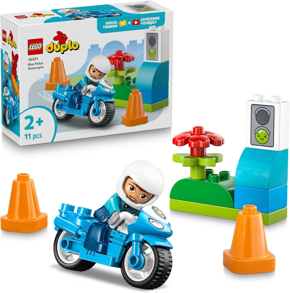 LEGO DUPLO Motocicletta Blu della Polizia - Gioco Didattico per la Motricita Fine - con Moto Giocattolo, Poliziotto, Sem