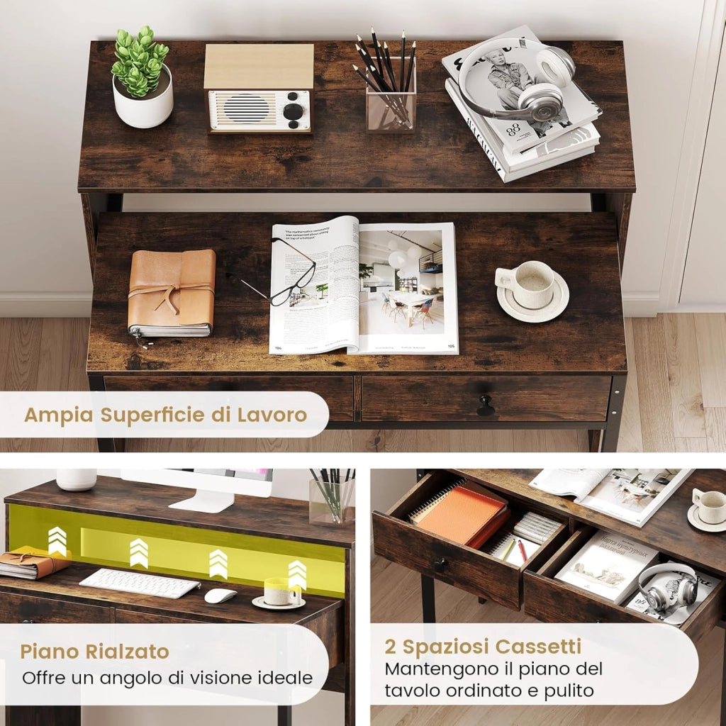 Scrivania per Computer, Tavolo Salvaspazio Retrattile con Cassetti e Ruote Universali Bloccabili, 100 x 63 x 88 cm, Desk Gaming per Ufficio, Soggiorno e Camera da Letto (Marrone)
