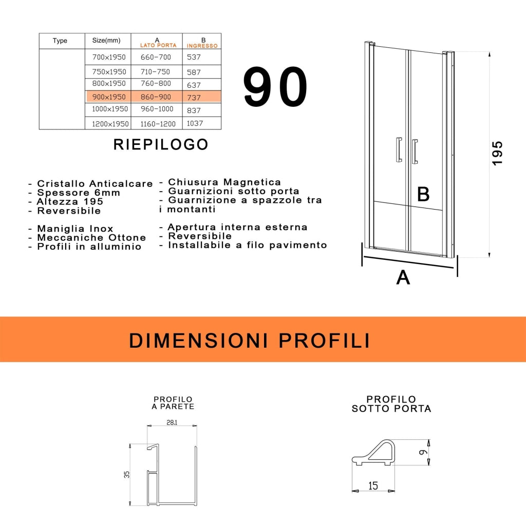 Porta Parete Doccia 70 cm 2 Ante Saloon in Cristallo Trasparente 6mm H195 Bonussi Julia