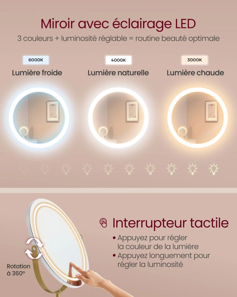 Tavolo da toeletta con specchio girevole e sgabello tavolo da toeletta con specchio illuminazione e ciabatta sgabello imbottito per camera da letto tavolo da toeletta 40 x 80 x 134,8 cm bianco 12_0005164