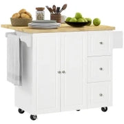 Isola da Cucina con Piano di Lavoro Ribaltabile, 3 Cassetti, 1 Armadio, Porta Strofinacci e Porta Spezie, 111,5 x 75 x 89 cm, Bianco