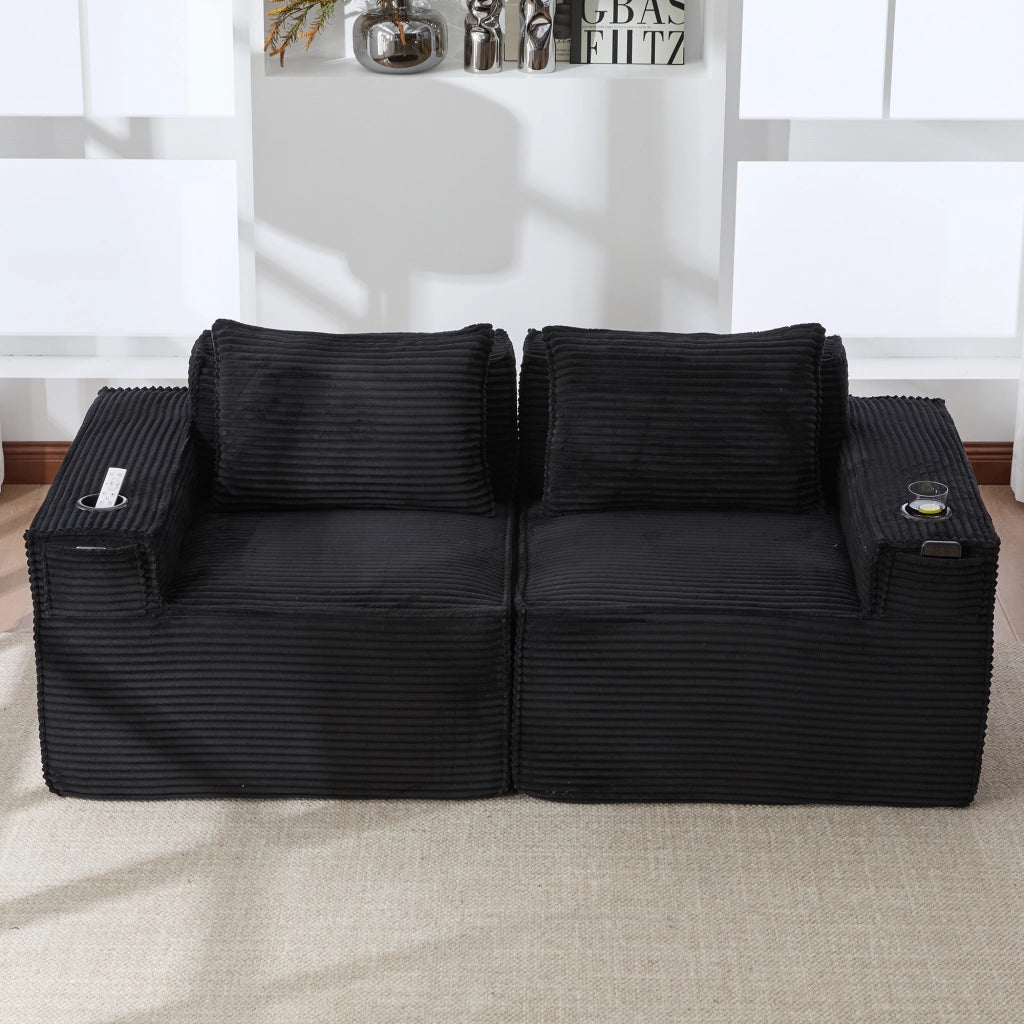 Divano modulare a 2 posti in velluto a coste con portabicchieri e tasche laterali nero per soggiorno 188 × 90 × 75 cm