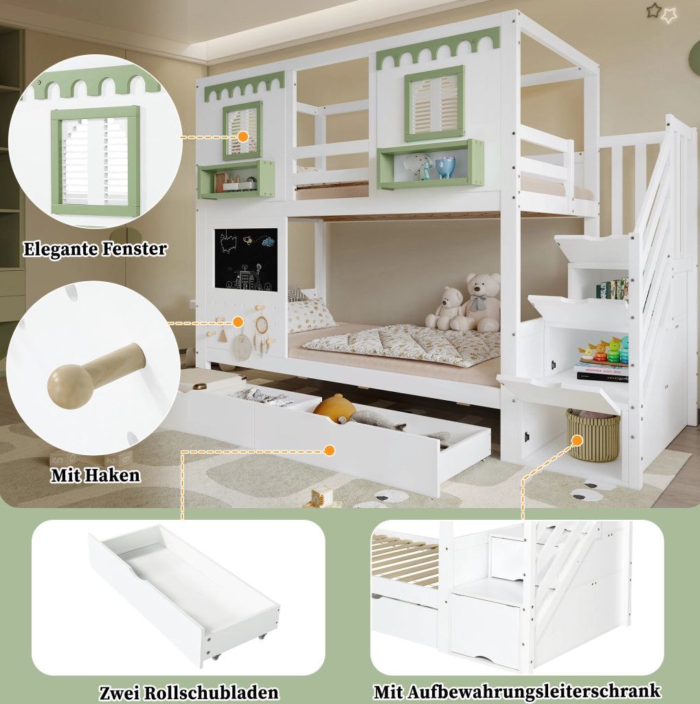LETTO A CASTELLO 90x200 cm Bianco/Verde in legno e MDF