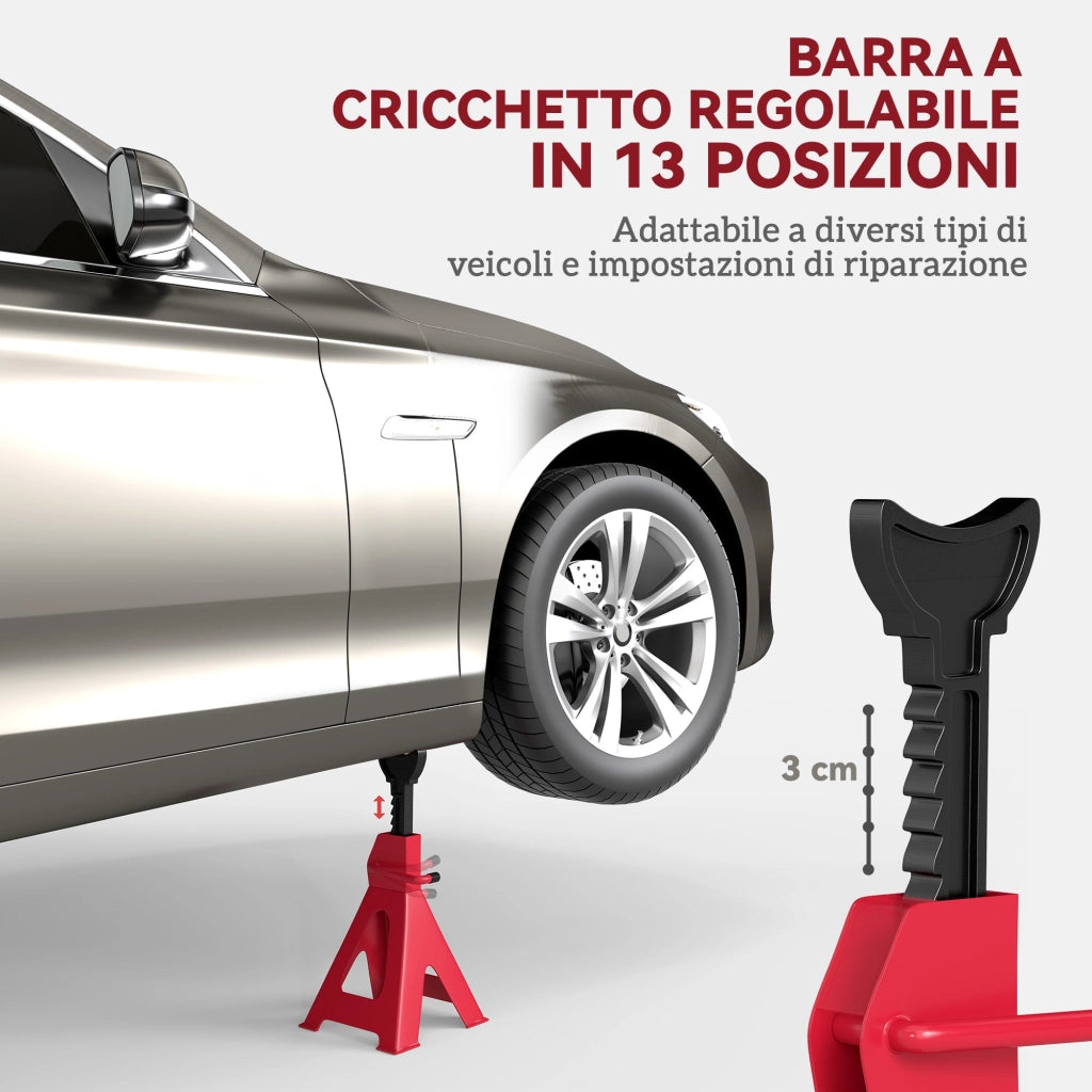 Set 2 Cavalletti Auto 3 Tonnellate di Capacità Altezza 29-42,5 cm Acciaio al Carbonio e Ghisa Rosso
