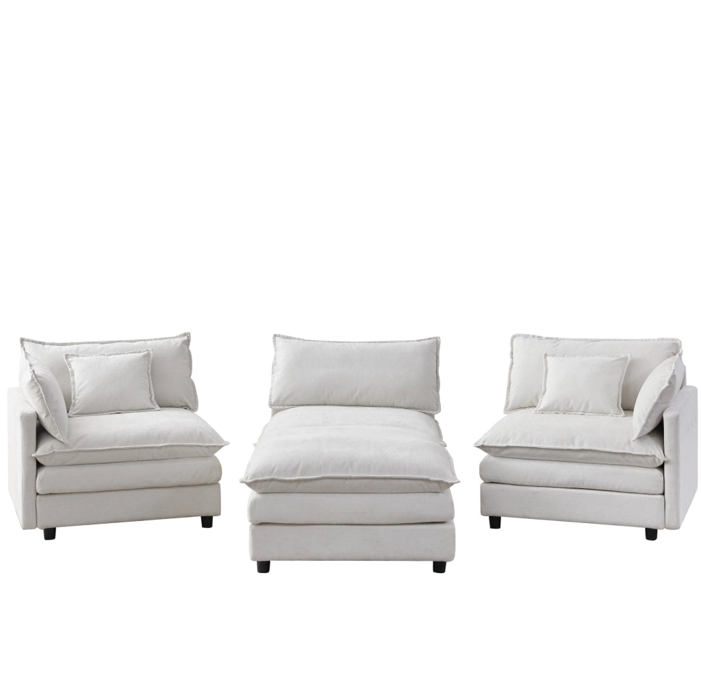 Divano angolare modulare 3 posti in ciniglia beige con pouf HOMVRA