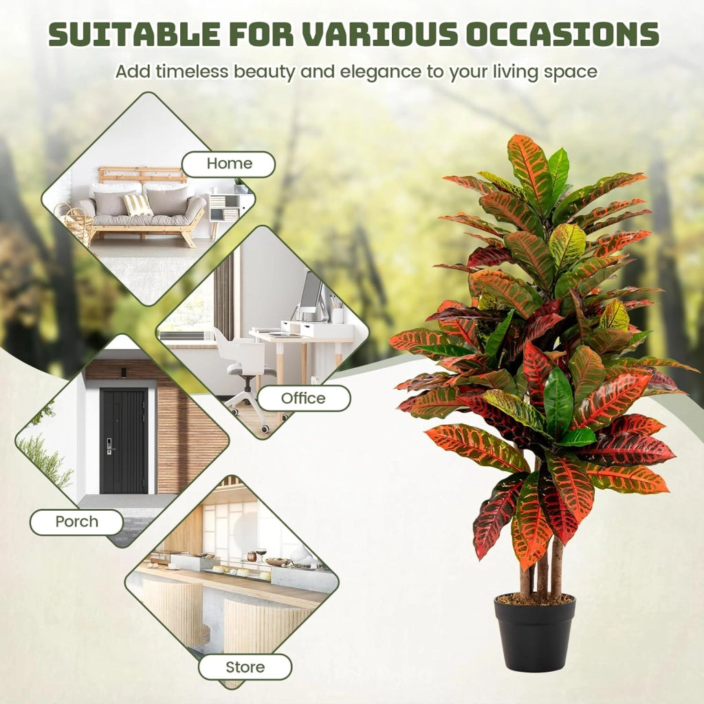 Pianta artificiale di Crotone, albero di imitazione con foglie lussureggianti colorate e vaso pieno di cemento, albero falso tropicale con tronco naturale, per decorazione casa, ufficio, hotel