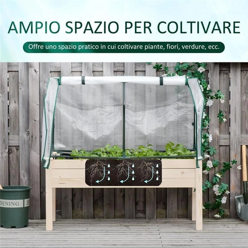 LETTO PER ORTO IN CASSETTA CON SERRA DA GIARDINO, PORTAPIANTE DA ESTERNO IN LEGNO E PE PER FIORI E VERDURE