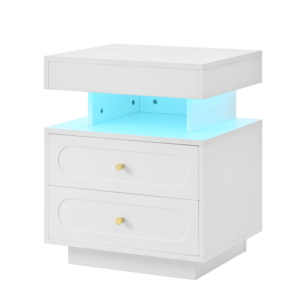Comodino 50x40x60 cm con illuminazione LED a 3 colori; cassetto spazioso; truciolare bianco
