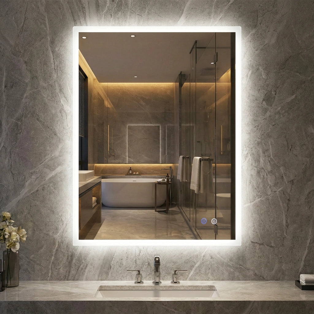 Specchio led bagno parete rettangolare anti-appannamento memoria 3 colori dimmerazione, Specchio vetro temperato infrangibile 80 x 60 x 3 cm