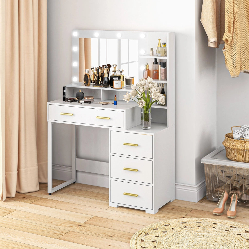 Tavolo da Trucco in Legno 100x40x138 cm con 4 Cassetti 6 Ripiani Aperti e Specchio Bianco