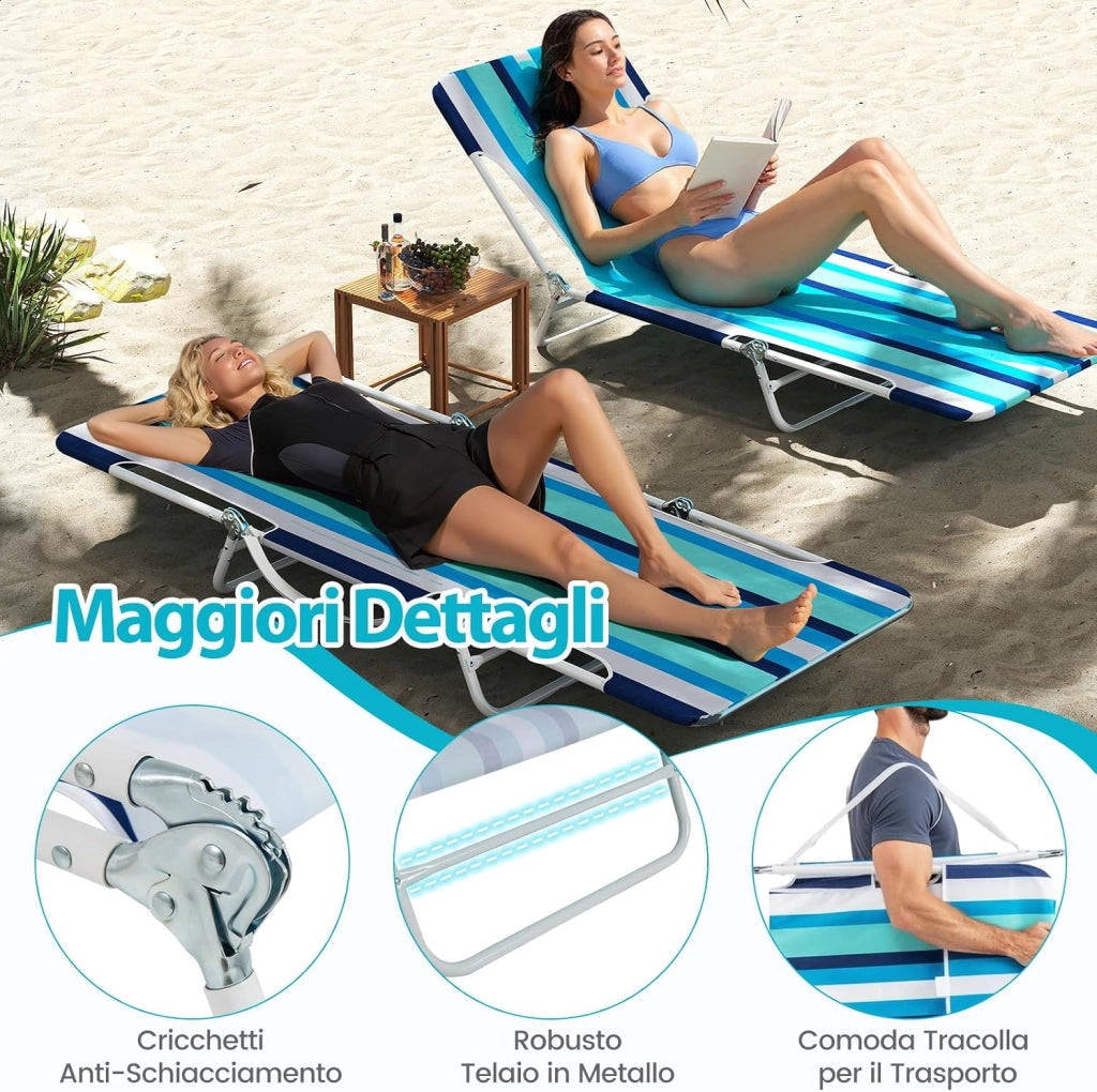 Set di 2 Lettino da Spiaggia Pieghevole, Sedia Reclinabile da Spiaggia a 5 Posizioni con Cinghia, Sedia a Sdraio Portatile da Campeggio Patio, Portata 150 kg (A Righe)