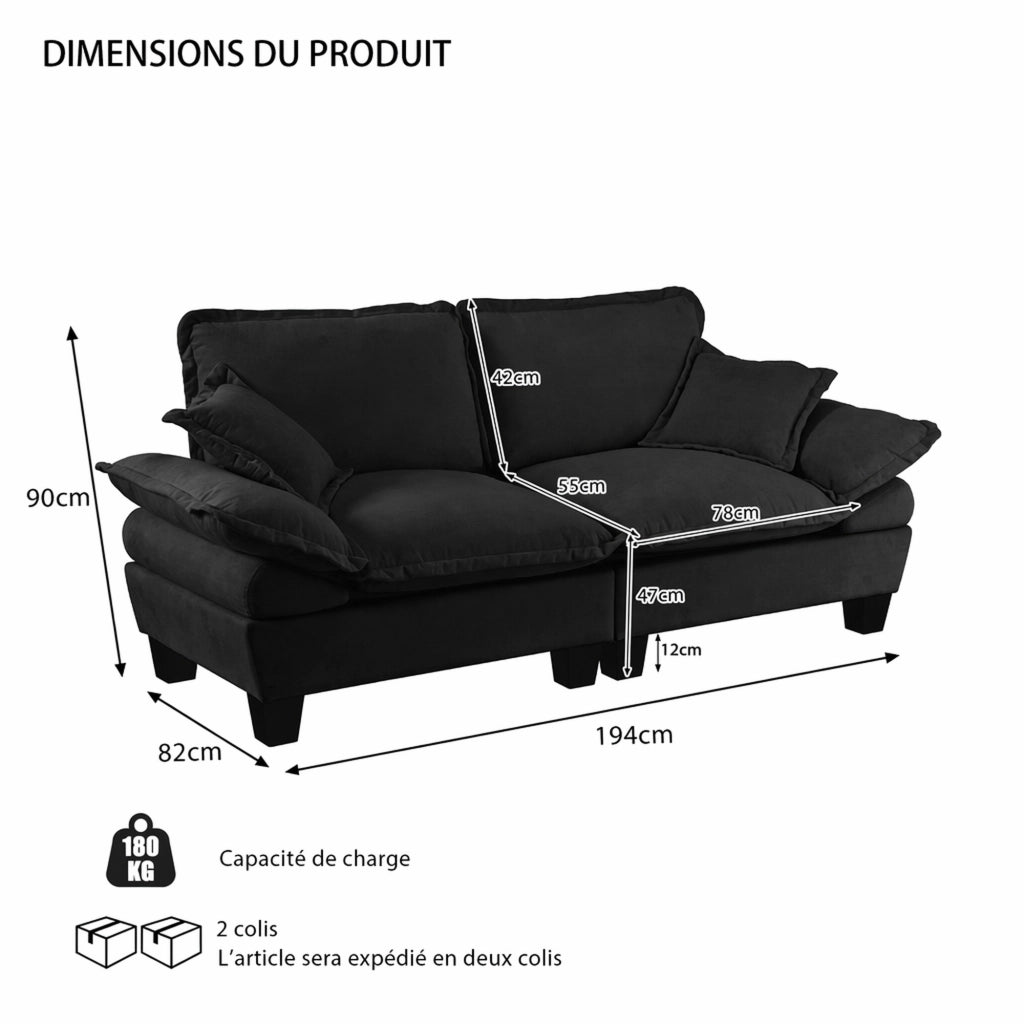Divano dal design ispirato alla vela con braccioli curvi in chenille nera per appartamenti 194 × 82 × 90 cm