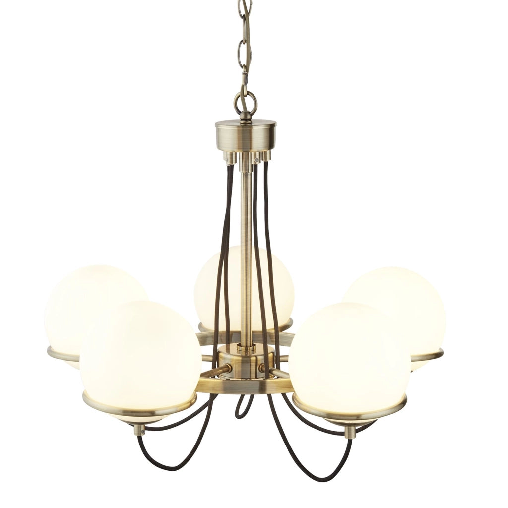 Lampadario Contemporaneo Sfera Acciaio Ottone Vetro 5 Luci E14
