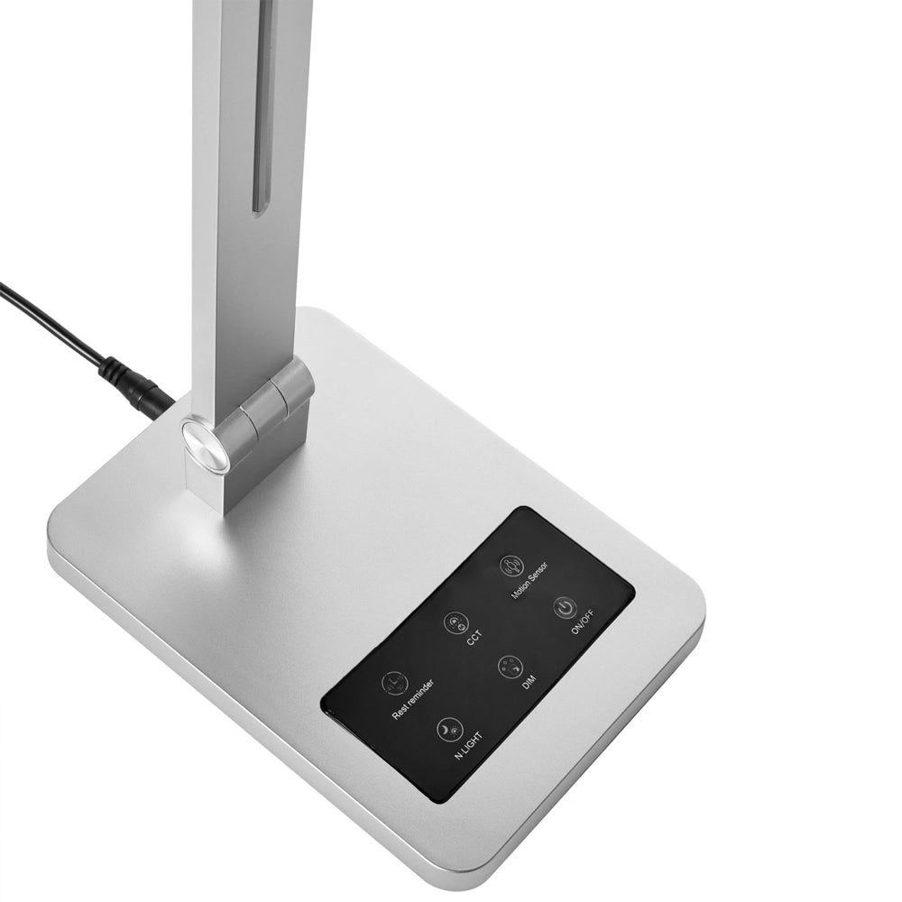 Lampada da scrivania a LED sintetico Braccio regolabile Paralume rotante Dimmer Sensore di movimento 3 colori Casa Ufficio Argento