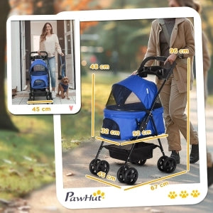 Carrello pieghevole per cani e gatti con quattro ruote doppie e freni in tessuto oxford blu 67 × 45 × 96 cm