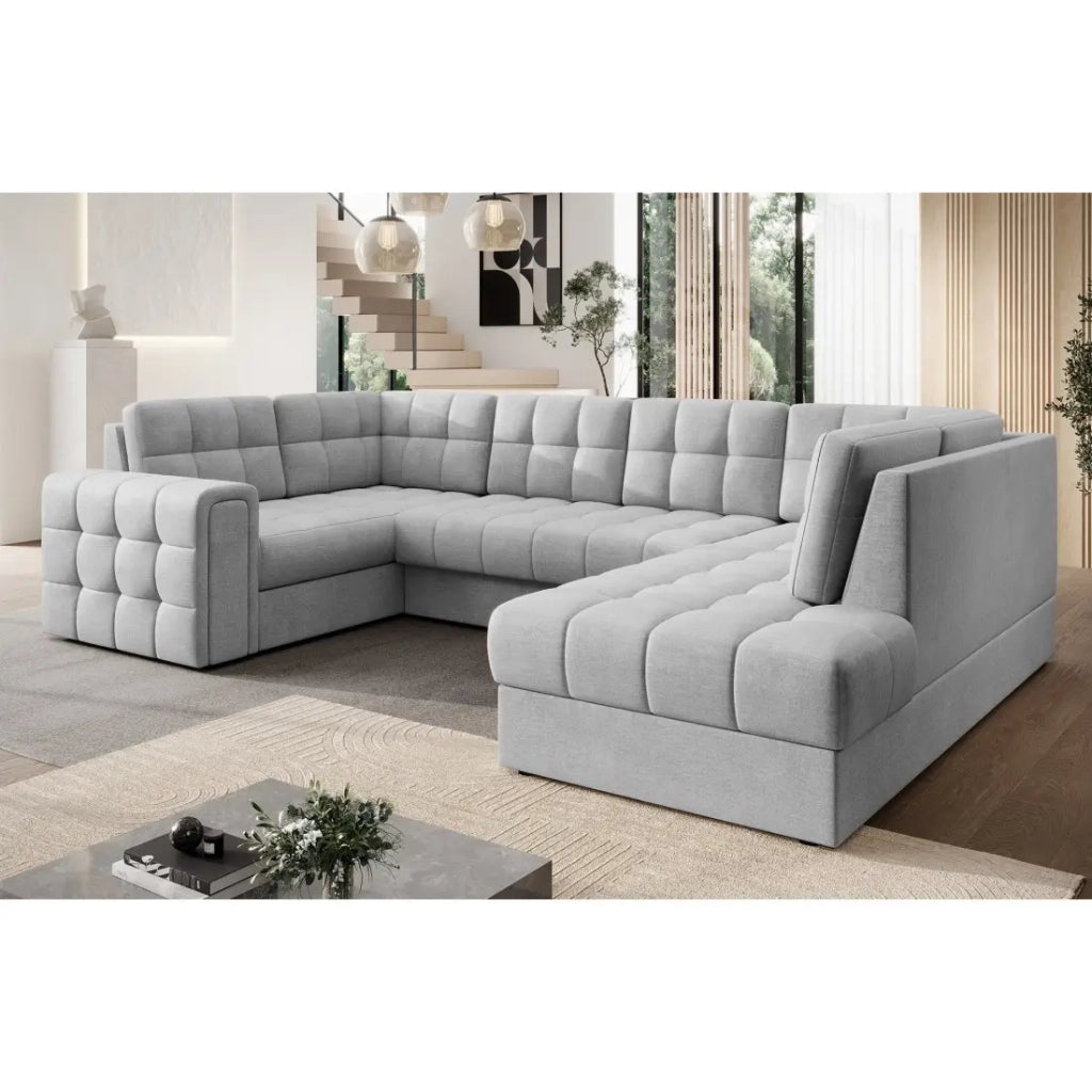 Divano ad angolo convertibile MONTEZA grigio 299 cm con contenitore e letto