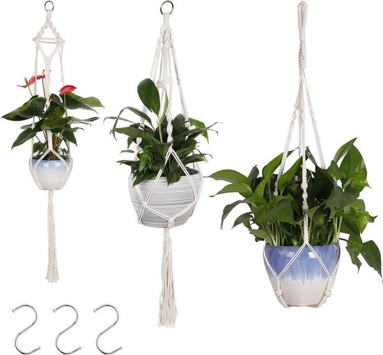 Hanger per piante in cotone con fune di apertura per vaso Mand bianco - Decorazione interna ed esterna - 3 pezzi con grucce di appoggio