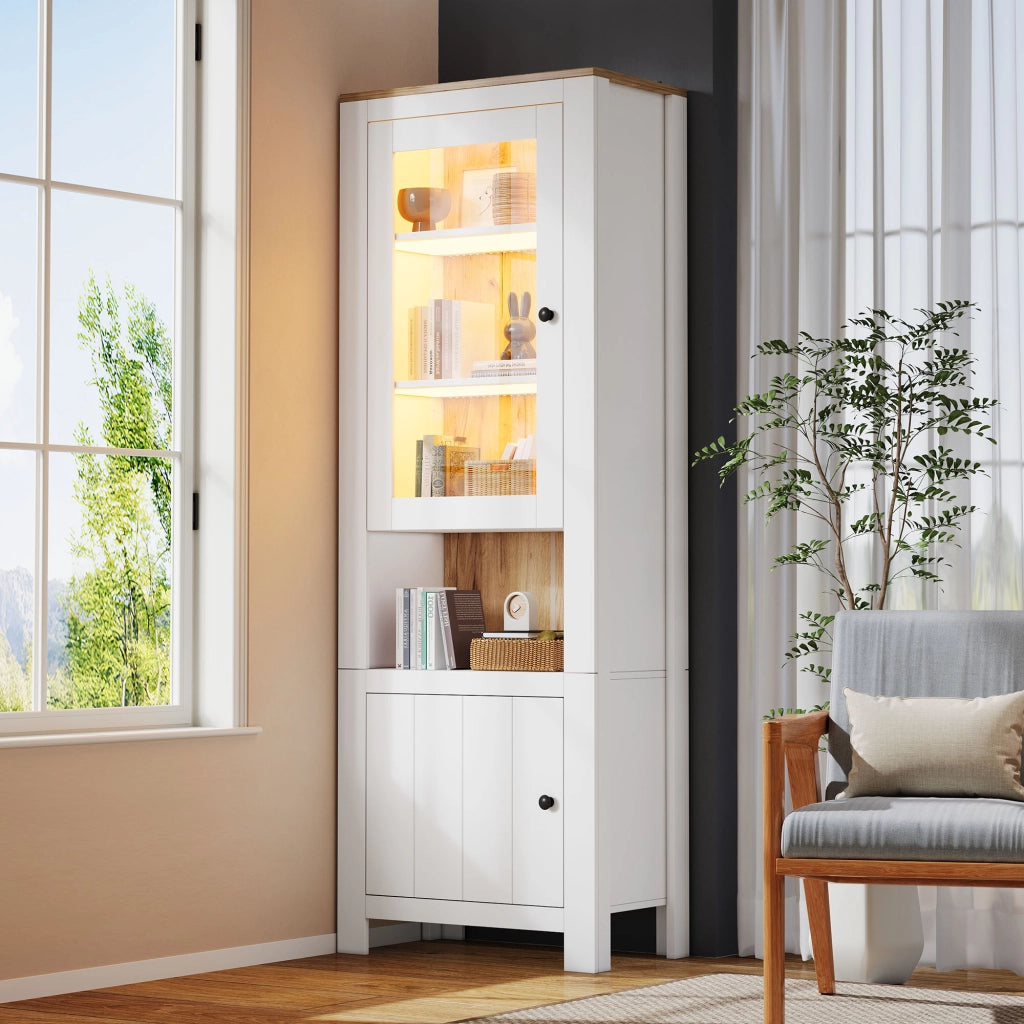 Vetrina Alta con LED ¨C MINIMAL ¨C Bianco/Legno, 2 Ante, 6 Ripiani, 70x40x188