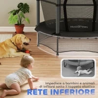 Tappeto Elastico per Bambini con Rete di Sicurezza e Pali Imbottiti Età 3-10 Anni, Ø140 x 190 cm, Nero