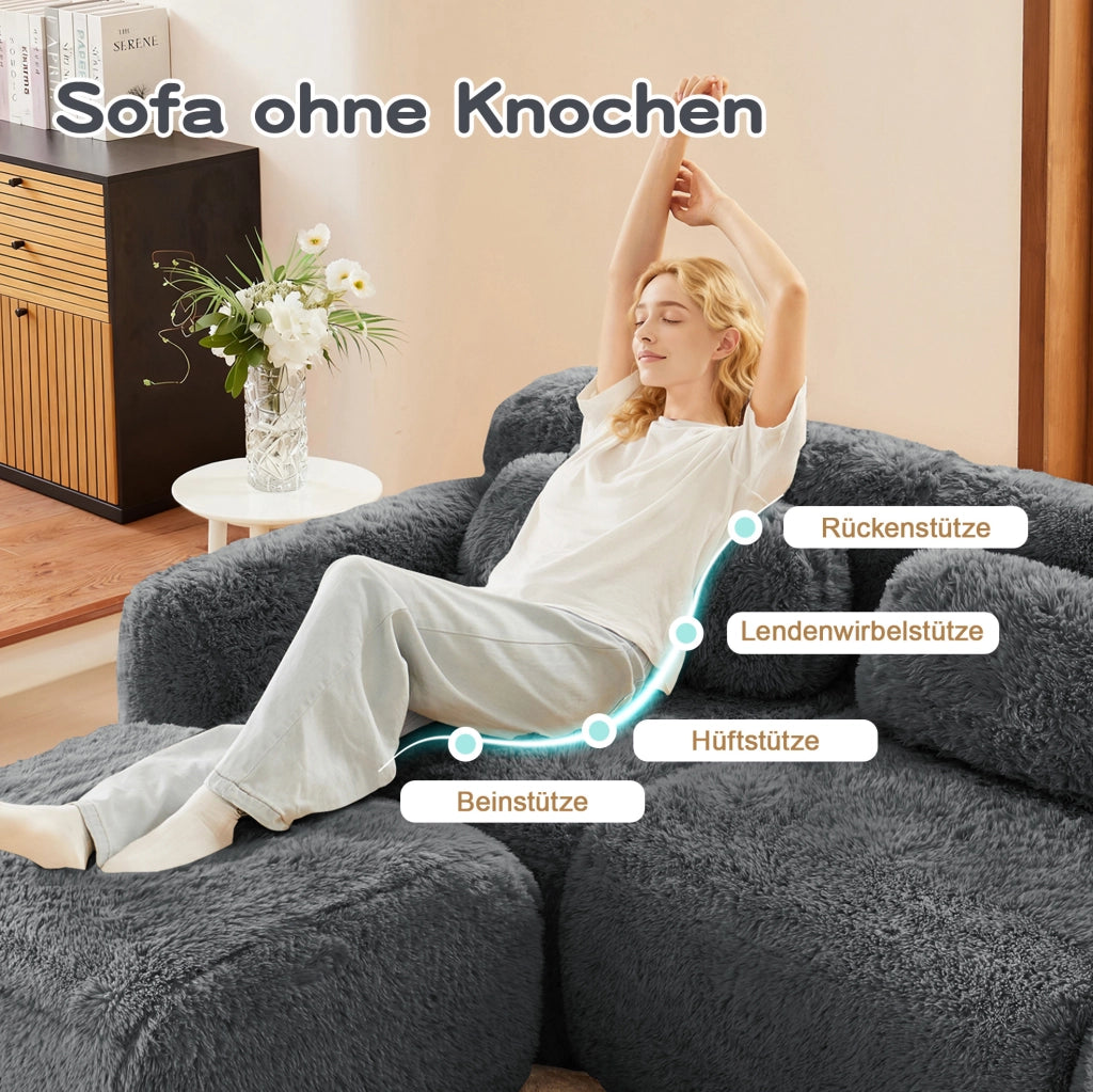 Divano modulare 3 posti Boneless Cloud in tessuto vellutato grigio con 3 pouf