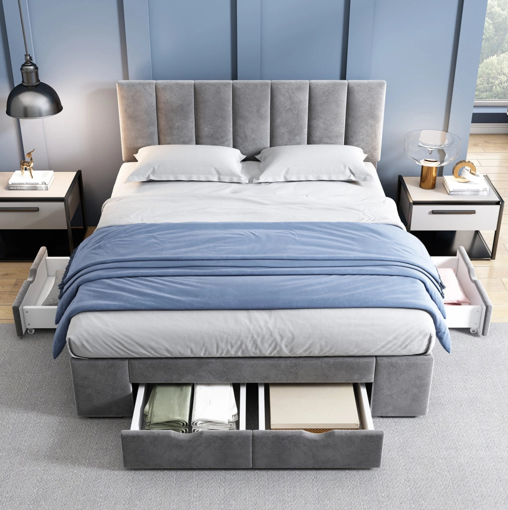 Letto imbottito 140x200 cm; con 4 cassetti e testiera regolabile; velluto grigio (Senza materasso)