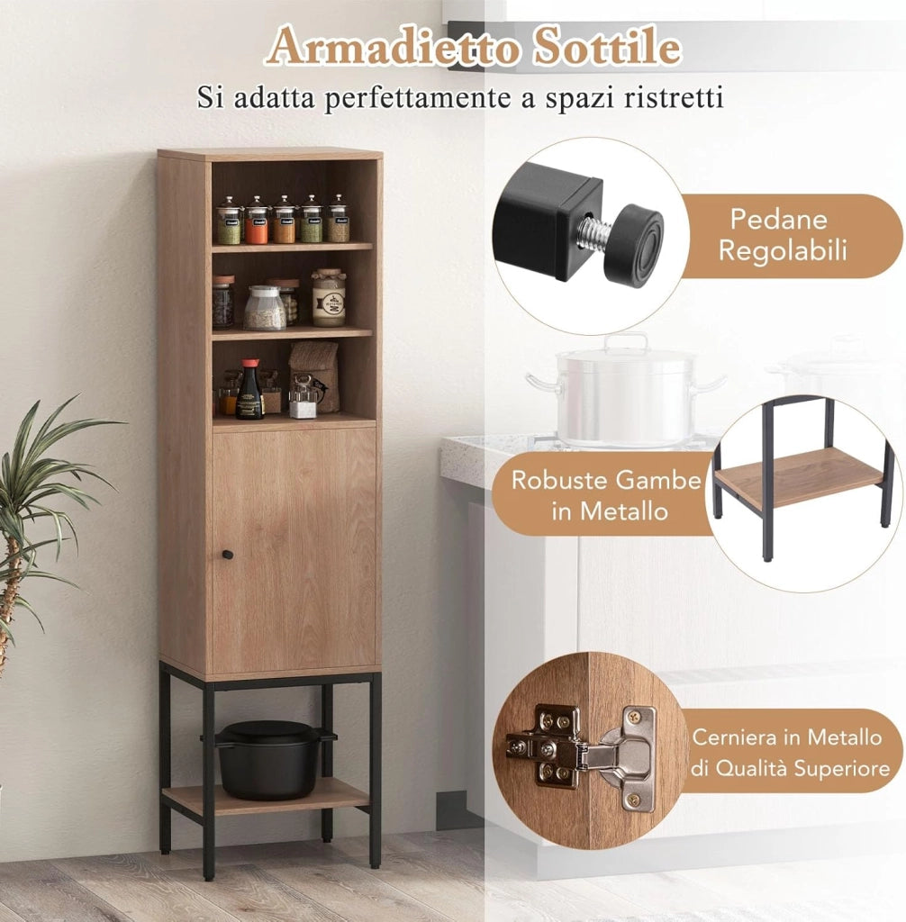Armadietto da 146 cm di Altezza, Armadietto con Ripiani Regolabili e Ripiano Inferiore, con Supporto Metallico e Porta, per Soggiorno, Cucina e Ufficio, 38 x 30 x 146 cm (Legno)