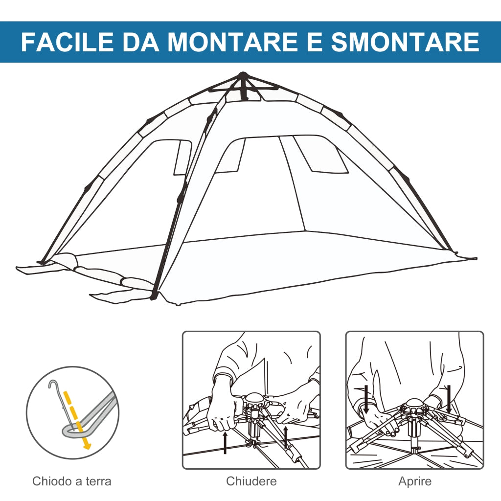 Tenda da Spiaggia Pop-Up AntiUV ¨C Xylo ¨C Con Porta a Zip, 220x173x120 cm, Blu e Grigio