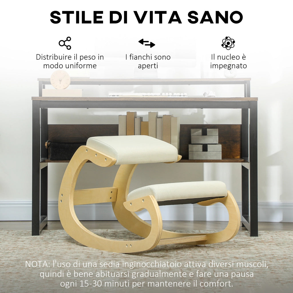 Sedia ergonomica inginocchiatoio con dondolo ¨C Xylo ¨C tessuto effetto lino, legno betulla, crema