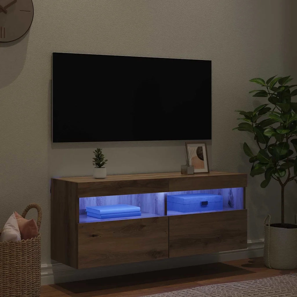 Mobile TV da parete con LED Rovere artigianale 100 x 30 x 40 cm