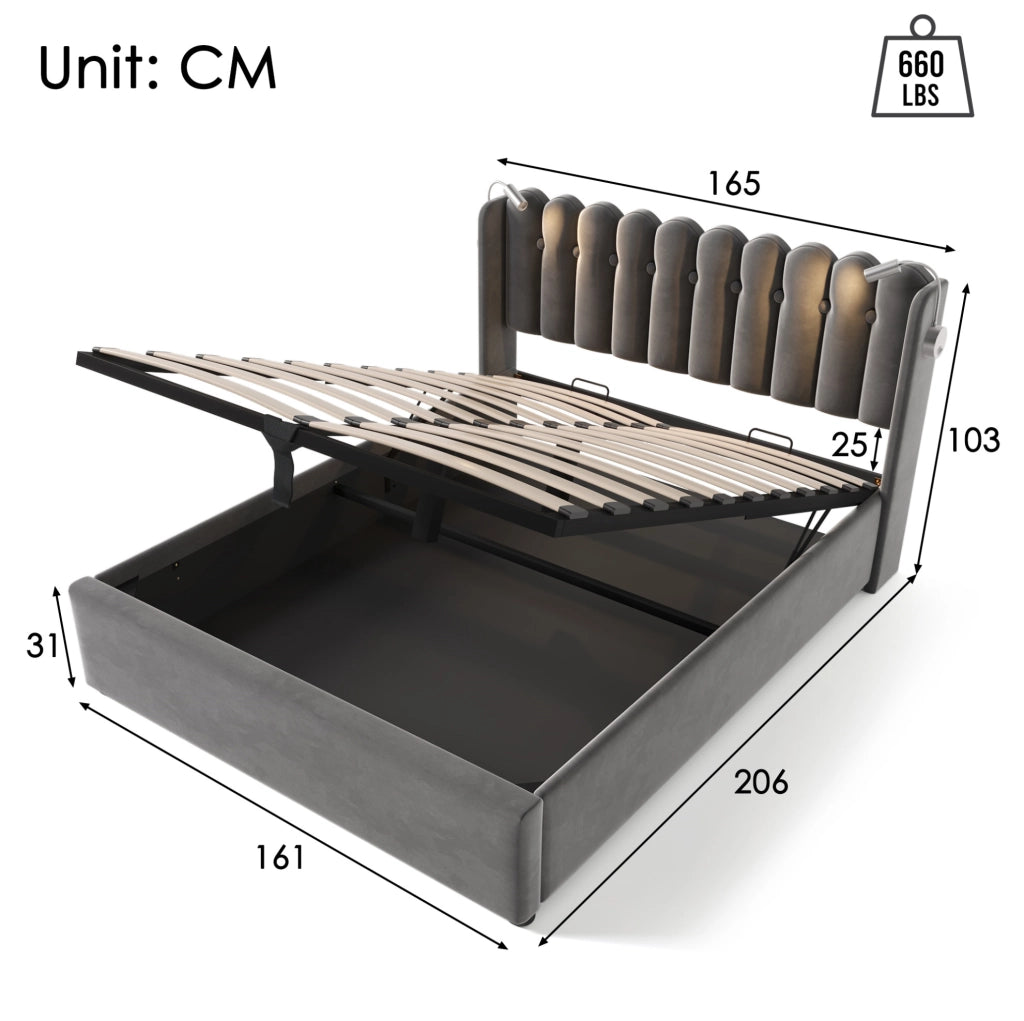 Letto contenitore 160x200 in velluto grigio con USB e luce