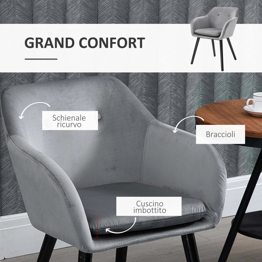Set di 2 Sedie per Sala da Pranzo con Braccioli Imbottite e in Velluto, 54x56x74cm, Grigio