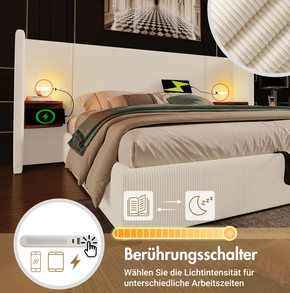 Letto matrimoniale 180x200 con contenitore, luce USB-C