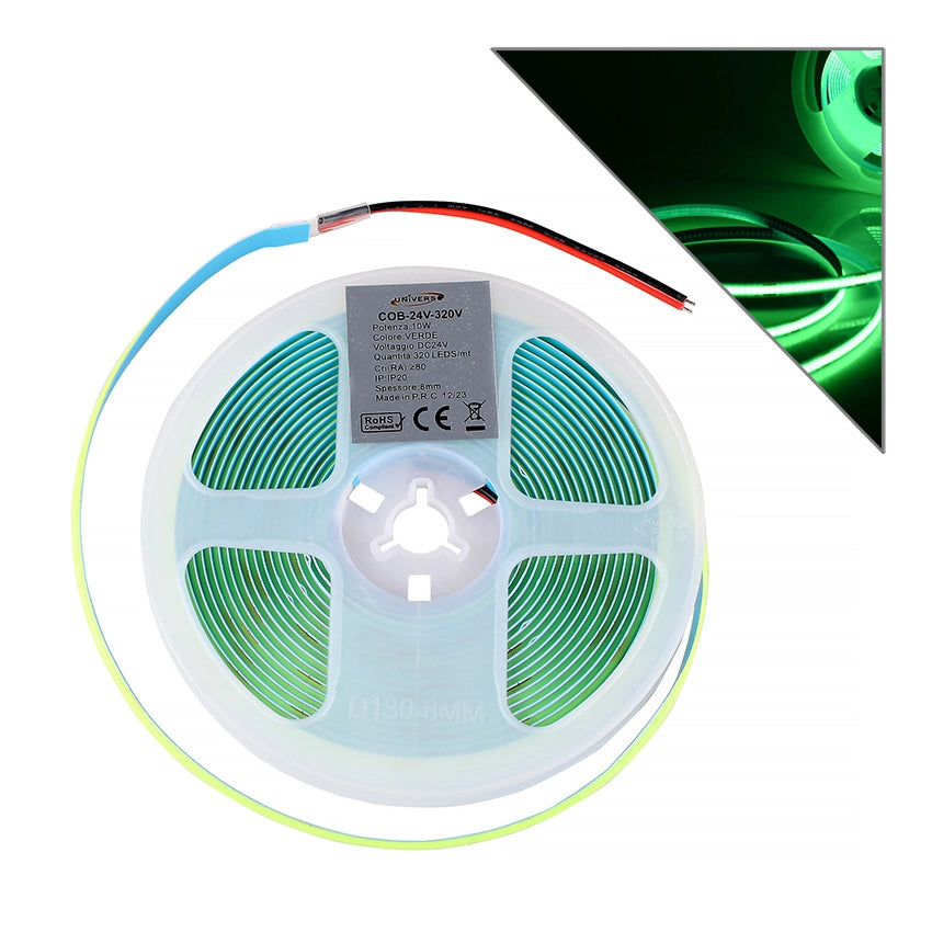 STRISCIA LED COB 5M TAGLIABILE LUCE VERDE A 24V - ALTA LUMINOSITA' FLESSIBILE E TAGLIABILE