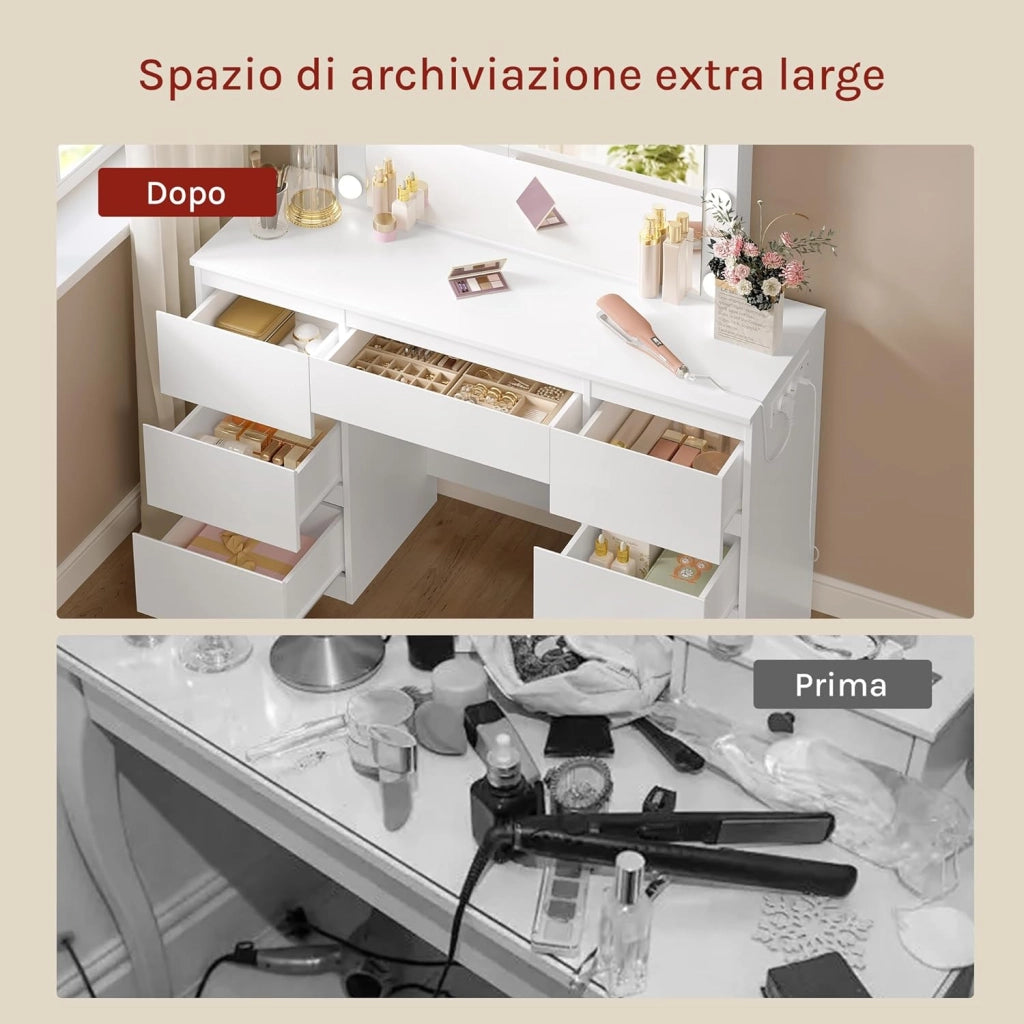 Toeletta da Trucco con Specchio LED Regolabile, Tavolo da Trucco Moderno con Cassetti e 2 Prese, 1 USB-A e 1 USB-C, Cavo di 1,5 m, Bianco