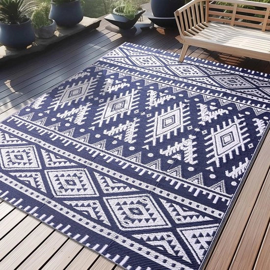 Tappeto Esterno Resistente all'Uso Esterno, Piastra di Plastica Ripiegabile Lavabile Resistente ai Raggi UV Inversibile per Balcone Giardino per Terrazza Campeggio Pic-Nic (150 x 240 cm, Blu Marino e Bianco)