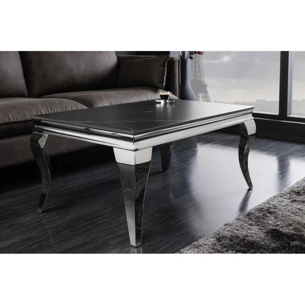 Tavolino basso VELENA 100 cm effetto marmo nero in pietra sinterizzata – Gambe curve argentate
