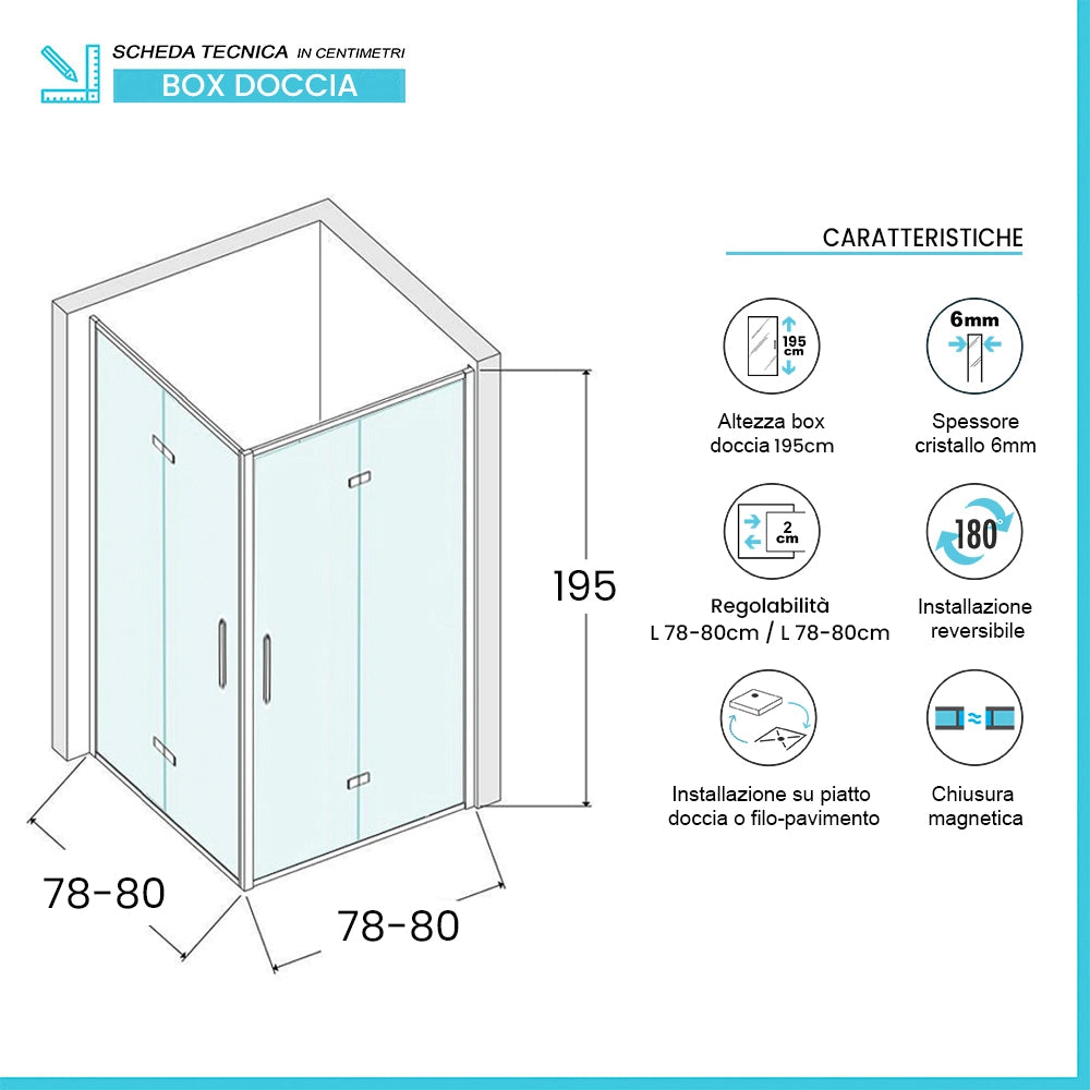 Box doccia angolare 80x80 in vetro temperato trasparente doppio soffietto con profili cromo Neos