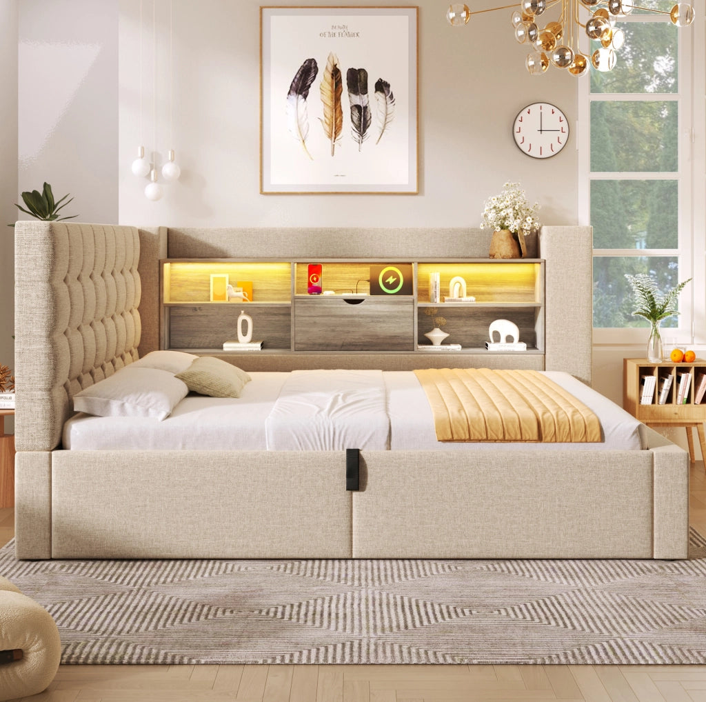 Letto matrimoniale 140x190 cm beige con LED e contenitore