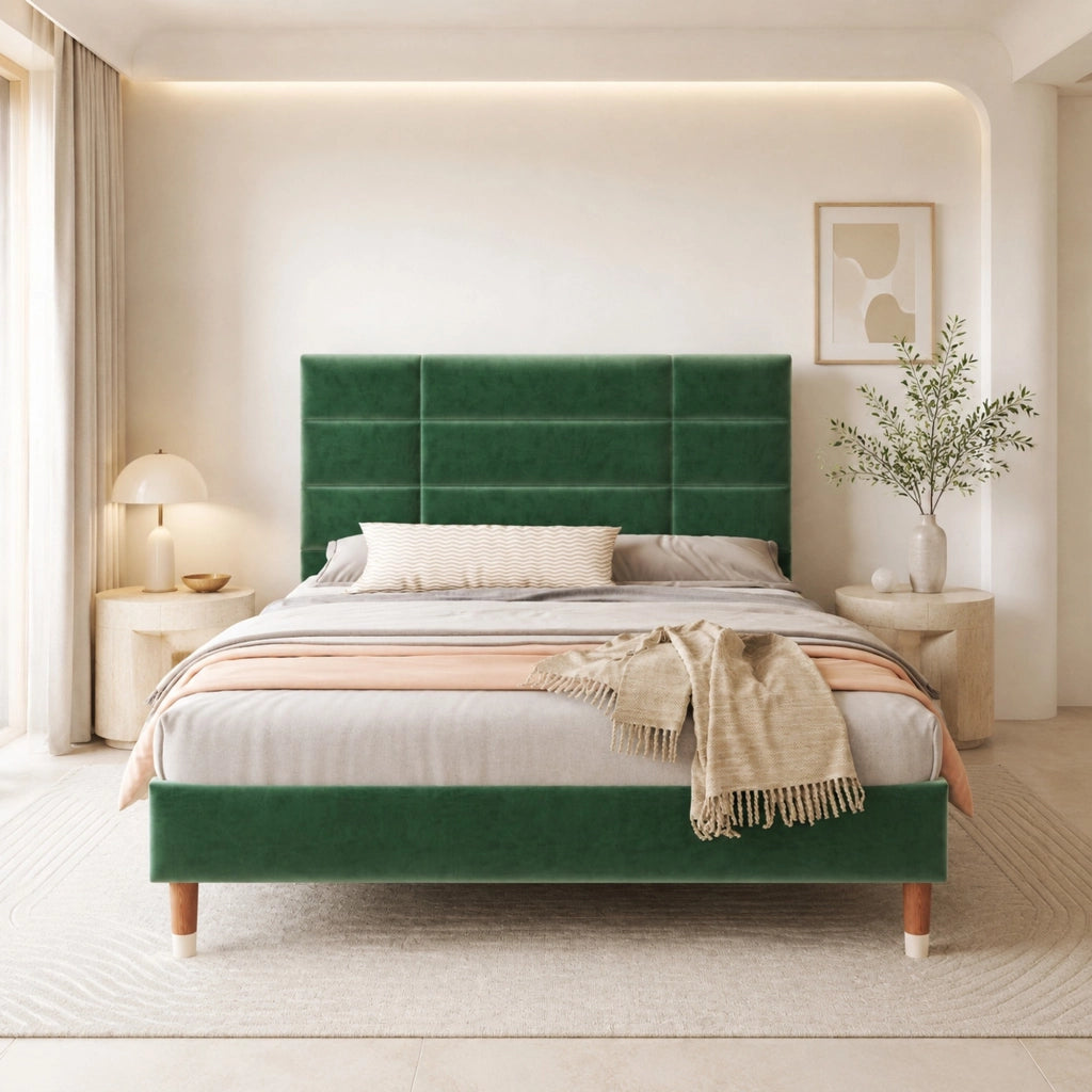 LETTO Imbottito 140x200 cm in velluto verde con rete a doghe