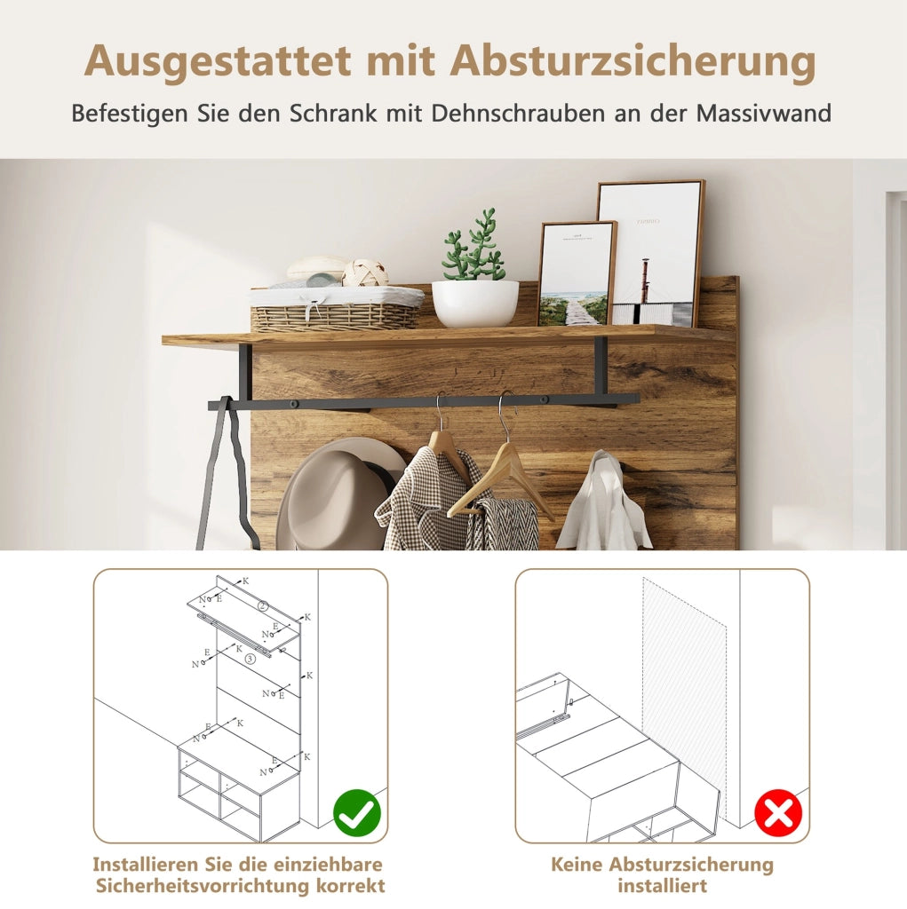 Set guardaroba da ingresso 175 cm con panca portascarpe; appendiabiti e ripiano regolabile; rovere