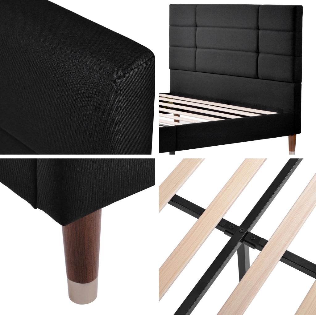 Letto imbottito 140x200 cm con rete; testiera comoda; legno; nero (Senza materasso)